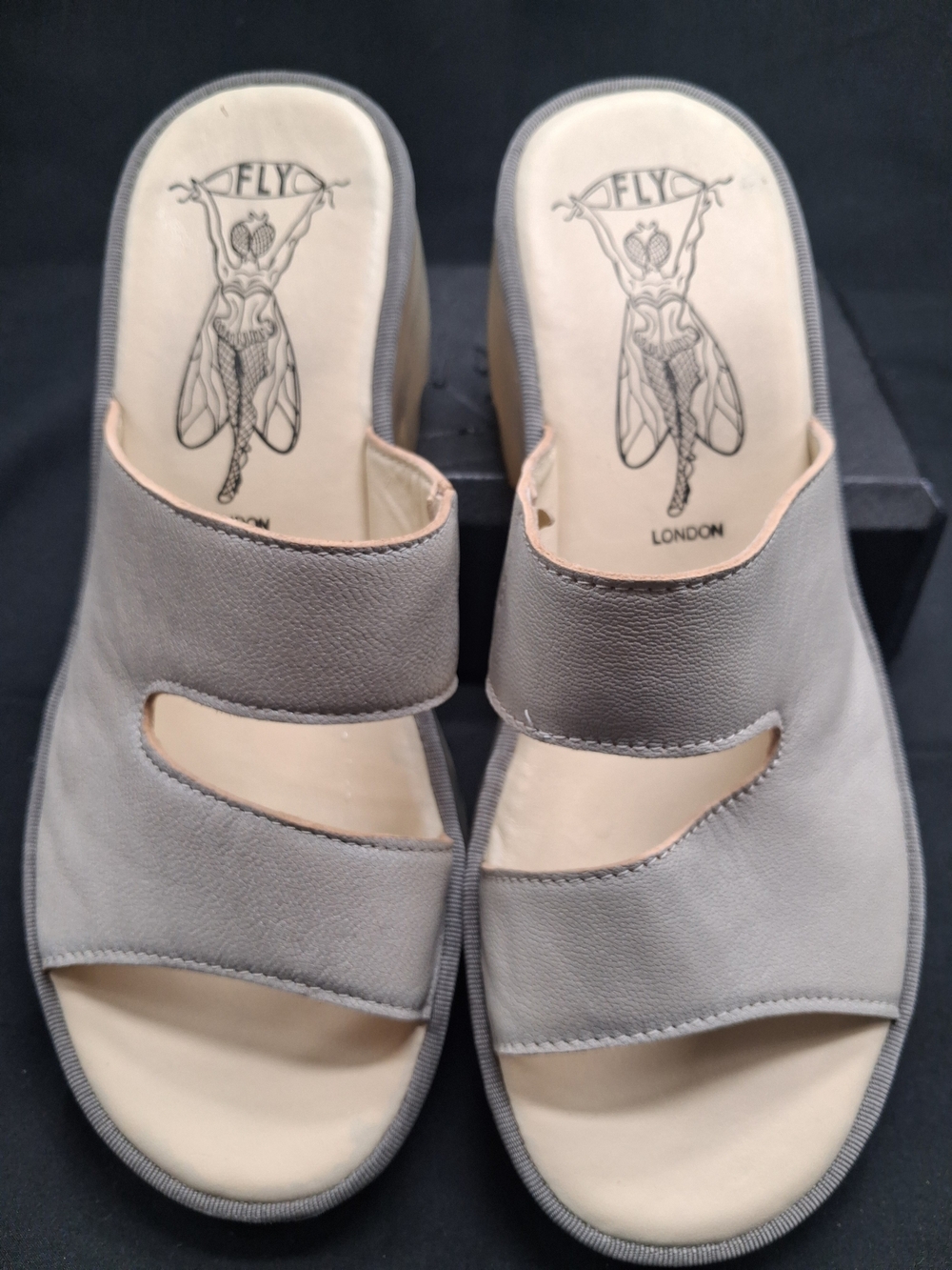 Fly London Tech Gray Double-Strap Slide Sandals Size 38.